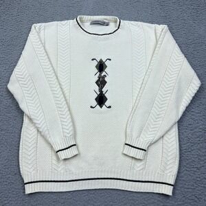VTG Shenandoah Mens Sweater Ivory Retro Embroidered‎ Diamond Golf Pullover M USA